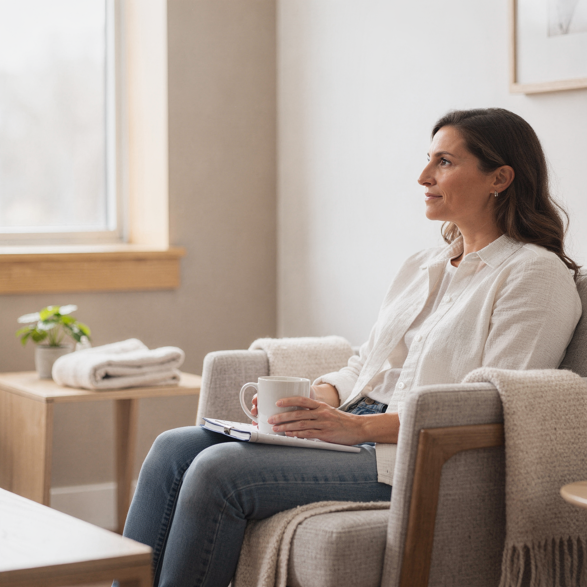 Woman sitting on a comfortable chair in a calm, minimalist clinical setting, holding a mug and looking toward a window